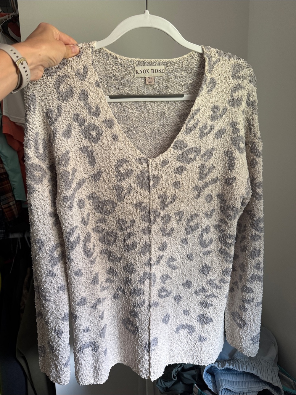Knox Rose Cream and Gray Leopard V-Neck Sweater